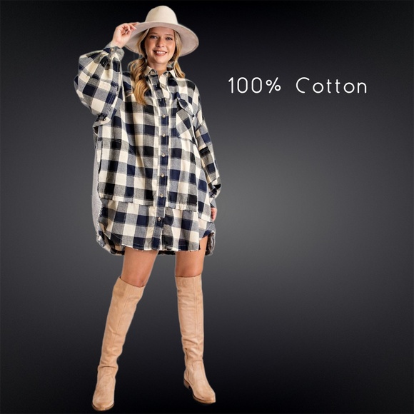 EASEL "Picnic Flannel" Oversize Cotton Shirt Dress Wide Sleeve Pockets Raw Seams - Picture 15 of 15